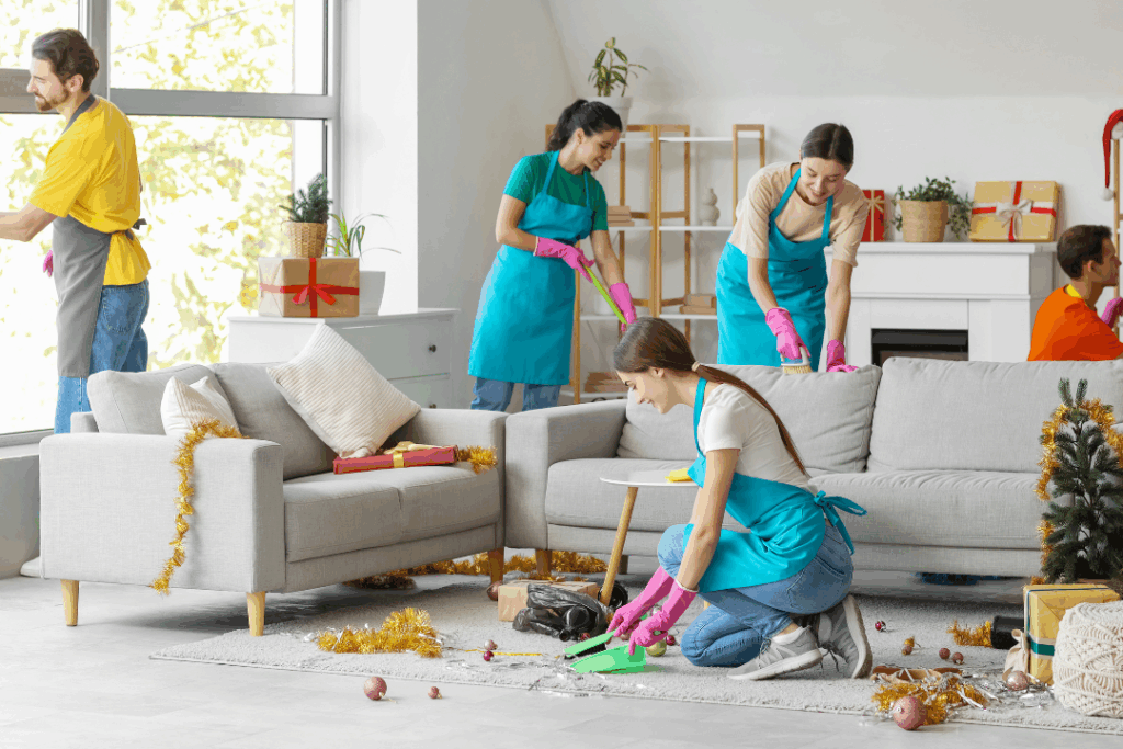 A bright living room is captured during a post-celebration cleanup, where a small team in aprons and pink gloves works together. Scattered gold tinsel, ornaments, and wrapping paper are being removed as sunlight fills the room, creating a clean, fresh, and welcoming atmosphere.