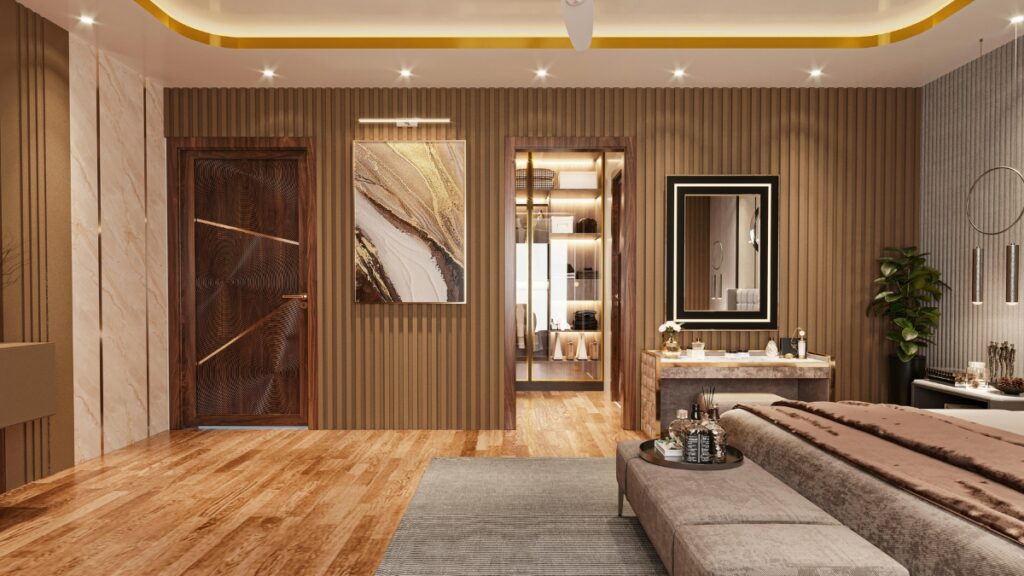 Professionally cleaned modern bedroom with spotless floors and an organized interior.